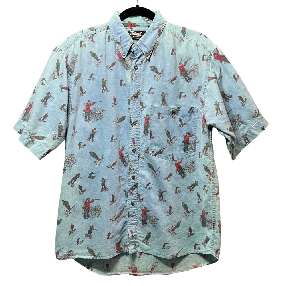 Vintage 90s Duck Hunter Dog Shirt Print Ramie Cotton Button Down Size‎ Small